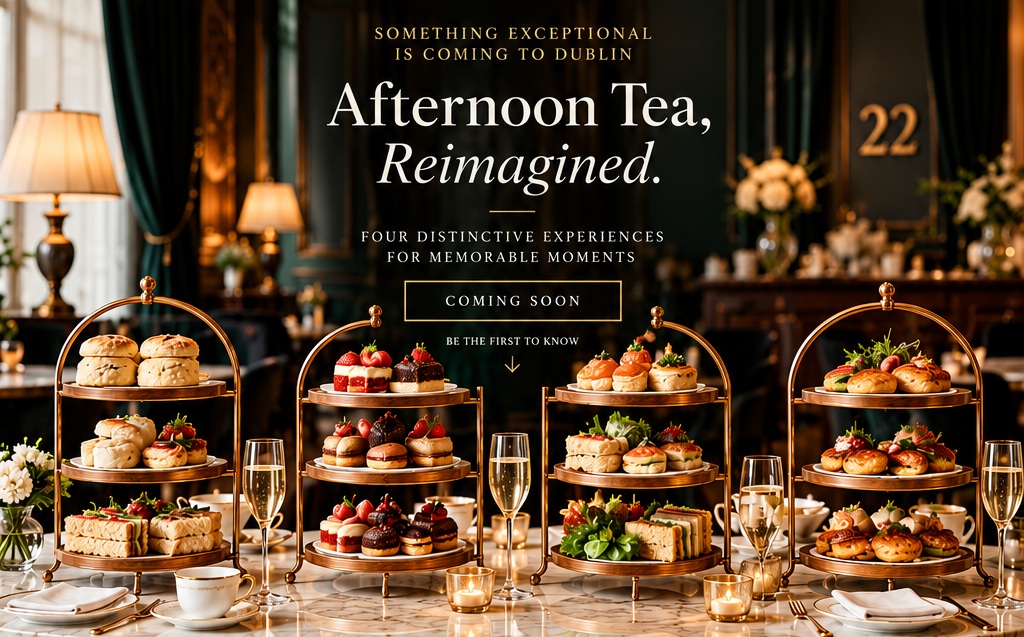 Four elegantly arranged afternoon tea stands in a luxurious setting