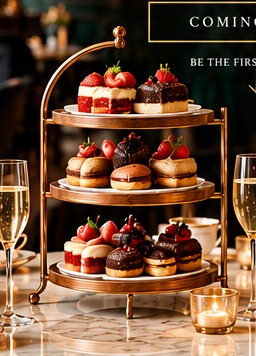 The Sweet 22 — a wooden tiered stand with cakes and pastries